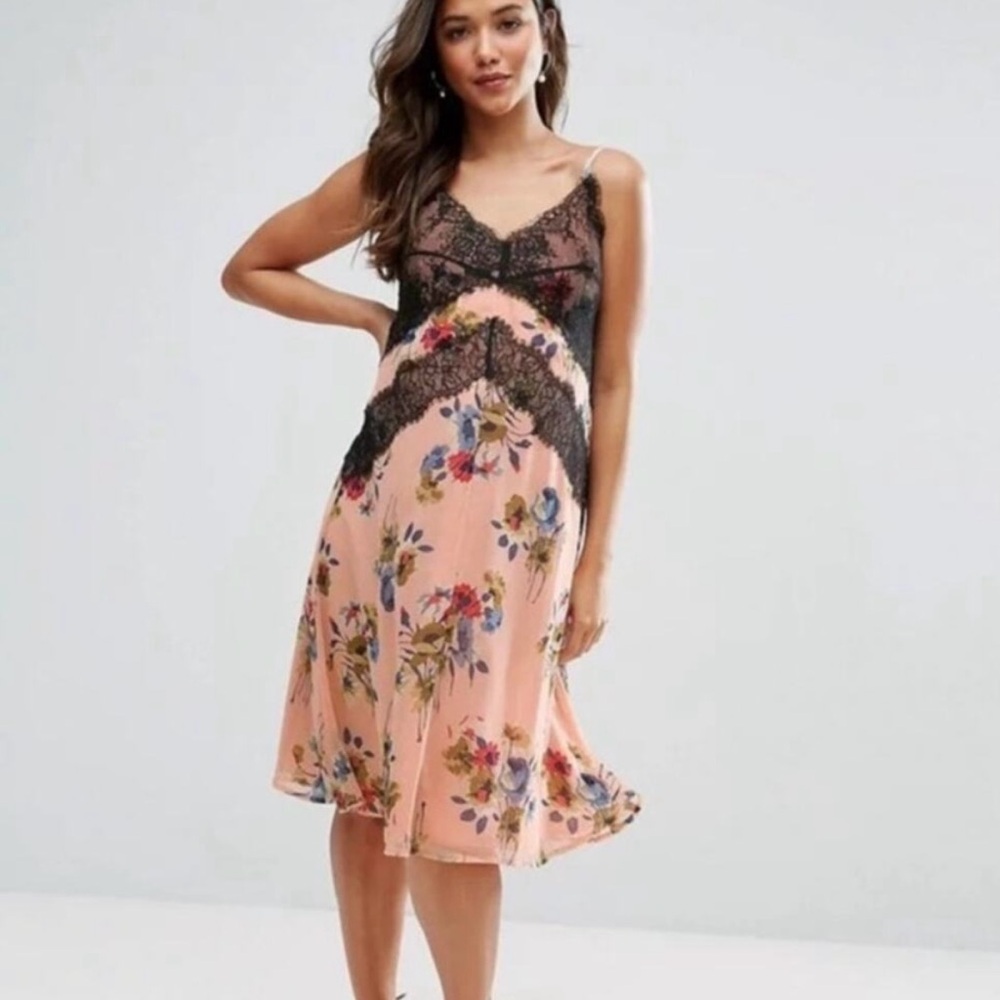 NWT ASOS Maternity Floral Slip Dress with Black Lace